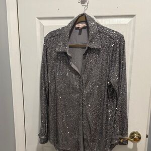 Philosophy Silver Sequin Button Down Shirt